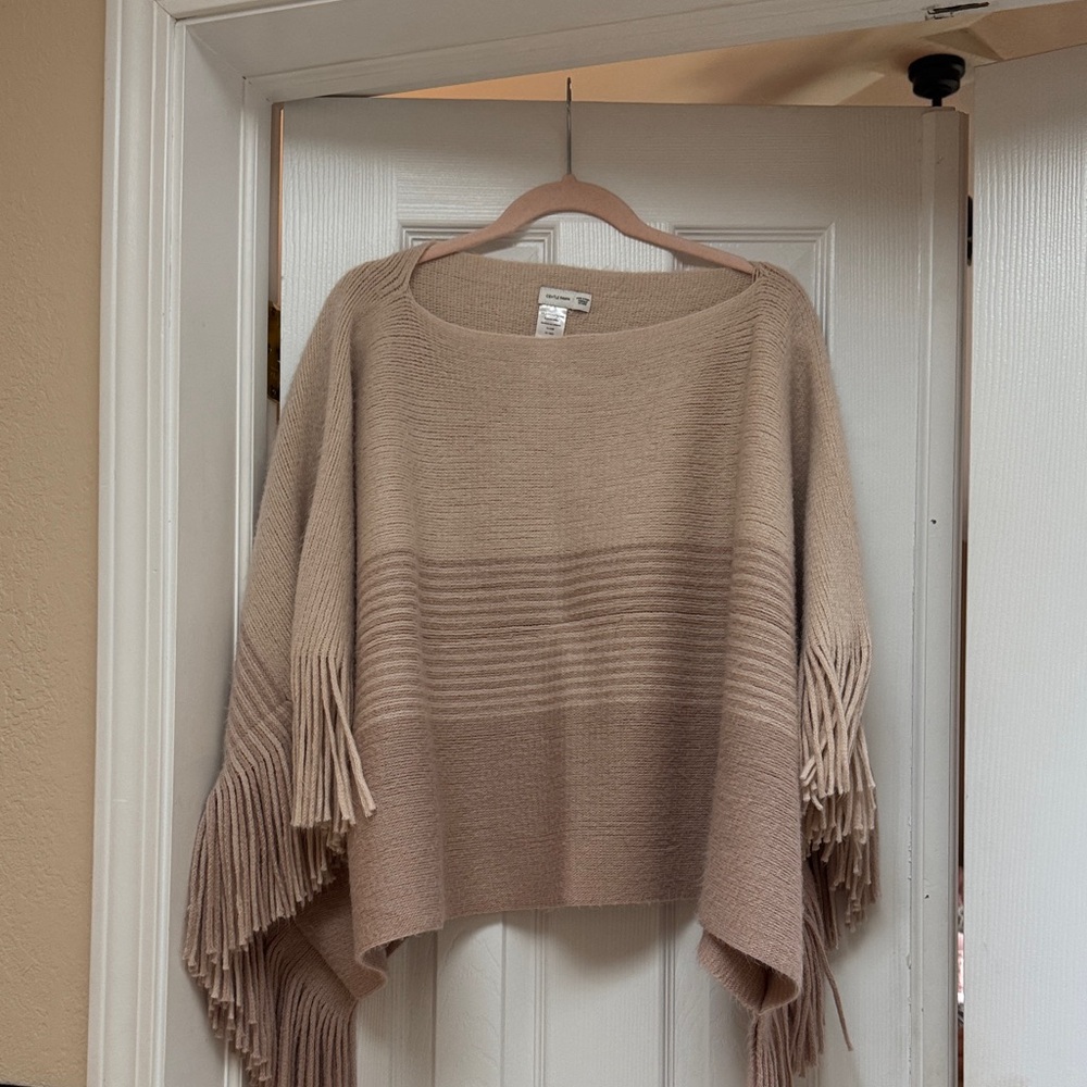 Gentle Fawn Fringe Hem Open-Knit Poncho Sweater - Beige
